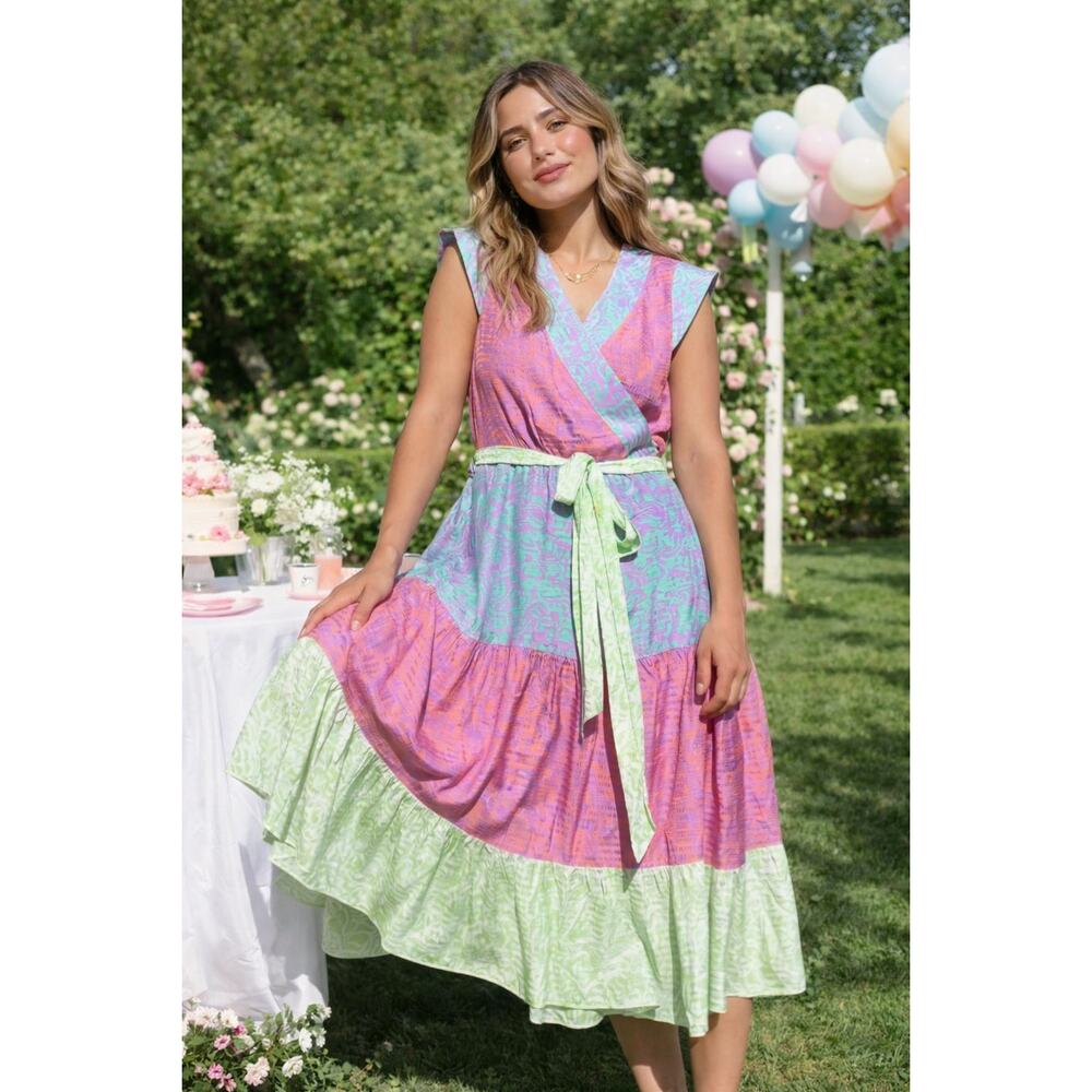 Tanya Taylor Jazzie Wrap Midi Dress Pink Pastel Multicolor Wedding Guest 6
